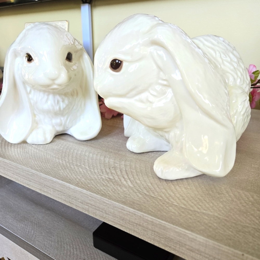 Pair of 'Cute as a Bunny' Handcrafted White Ceramic Bunnies